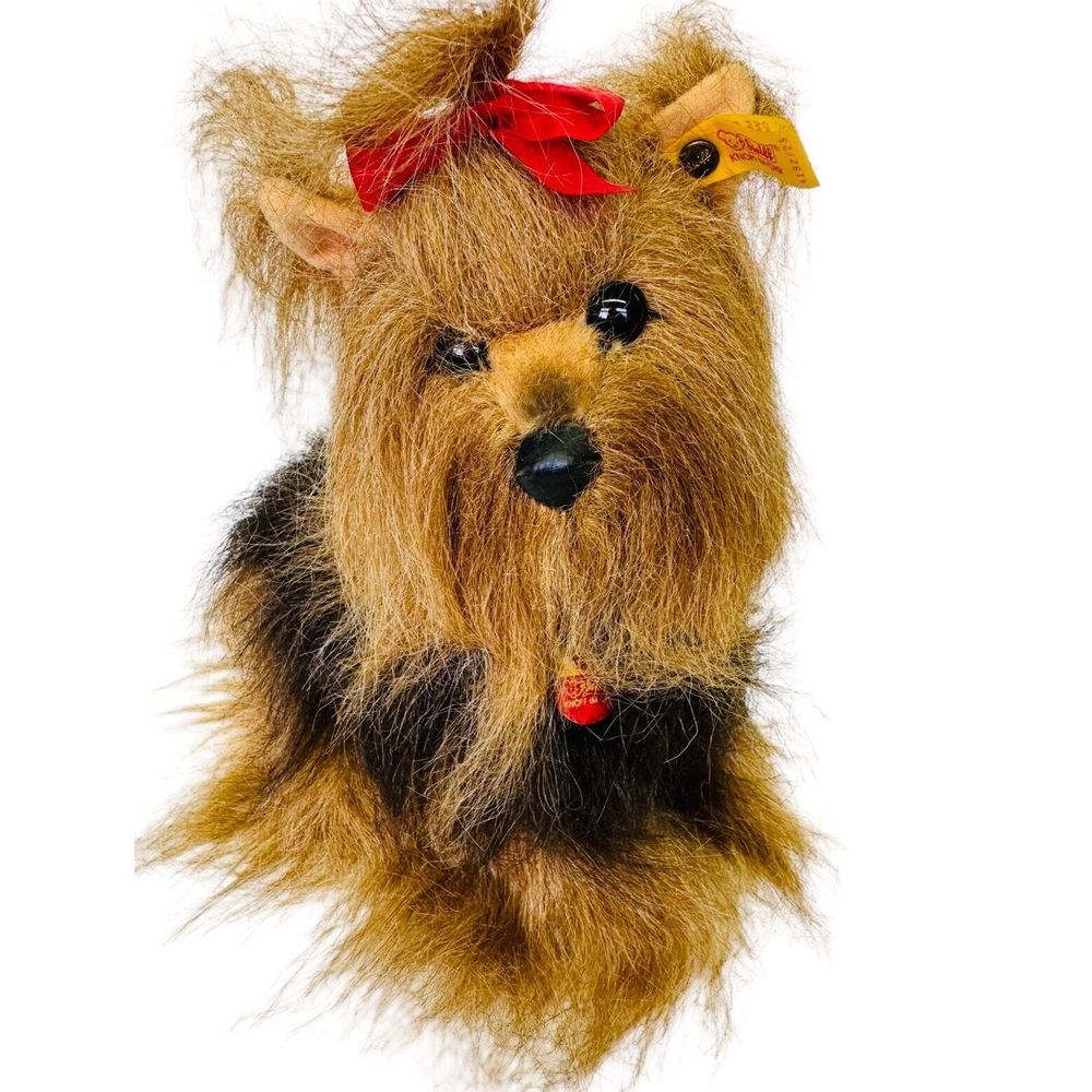 Vintage 11" Steiff Taffy Yorkshire Terrier Dog Ear Button, Red Bow & Tag 4192/25